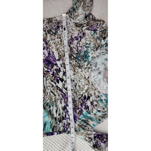 CHICOS Womans Roll Tab 3/4 Sleeve Knit TOP‎ Tan Teal Purple Tunic Sz 0 Small - Picture 4 of 10